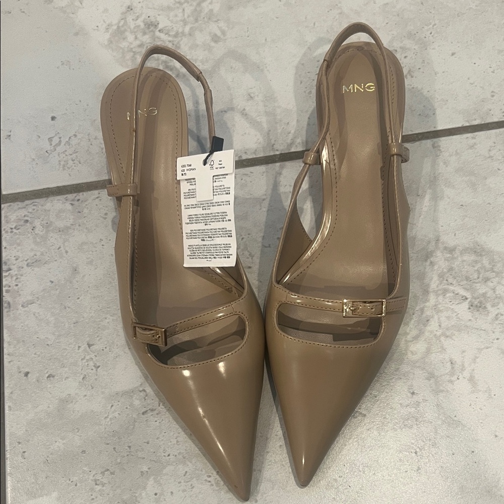 Mango Patent Pointed Slingback Pumps in Taupe Beige